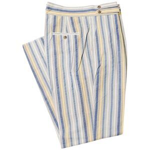 Mens Gurkha Pants 38 Blue Yellow Striped Cotton Trousers Straight Fit Flat Front